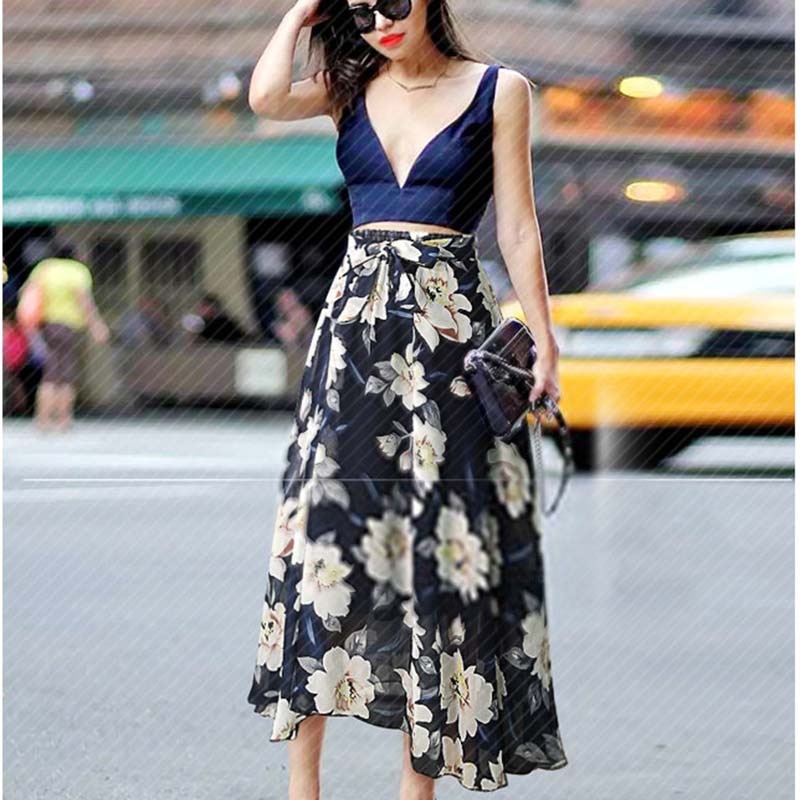 Chiffon Lace Up Print Mid-length Skirt - 349 Find Epic Store