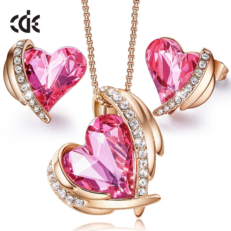 Women Gold Jewelry Set Embellished with Crystals Pink Heart Necklace Earrings Sets Valentine's Day Gift - 100007324 Find Epic Store