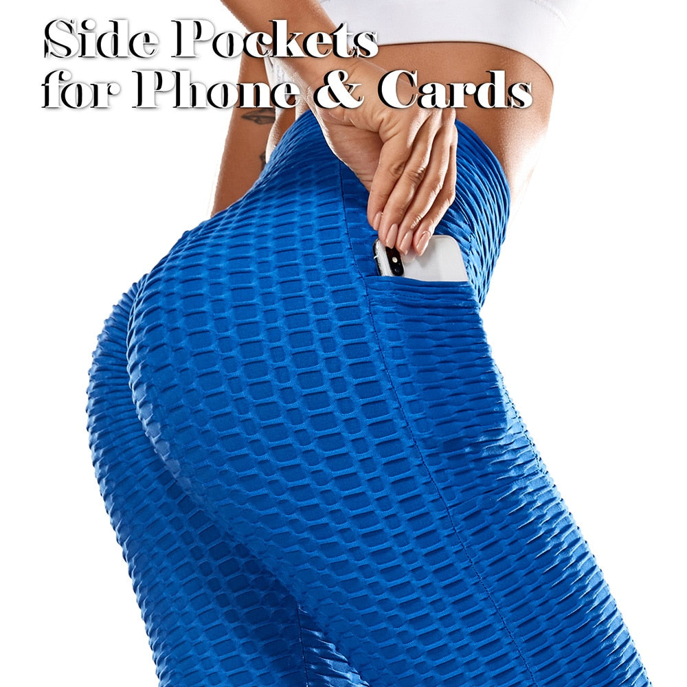 Women's High Waist Yoga Pants Tummy Control Workout Ruched Butt Lifting Stretchy Leggings Textured Booty Tights - 200000614 Blue-with pockets / S / United States Find Epic Store