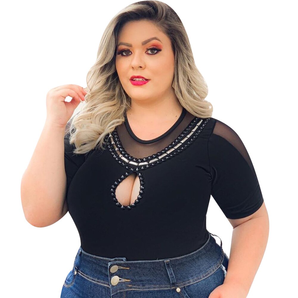 Sexy Plus Size Hollow Out Mesh Short Sleeve Round Neck Black T-shirt - 200000791 Find Epic Store