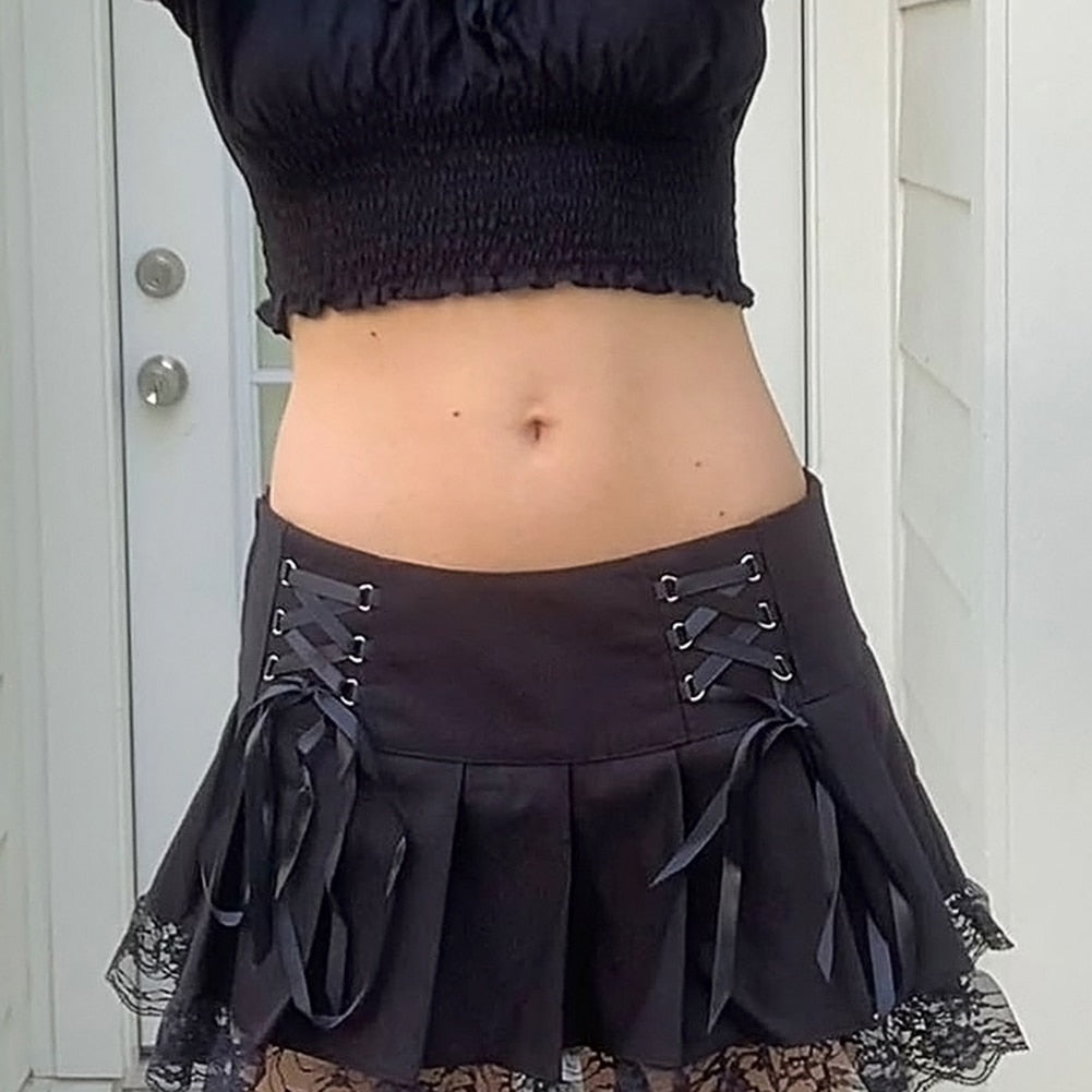 Pleated Black Mini Lace Up Skirt - 349 Find Epic Store