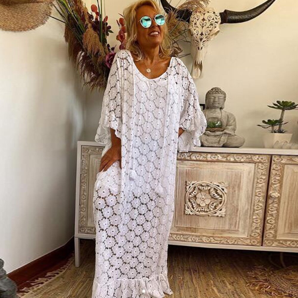 Casual V Neck Lace Long Dress - 200000347 Find Epic Store