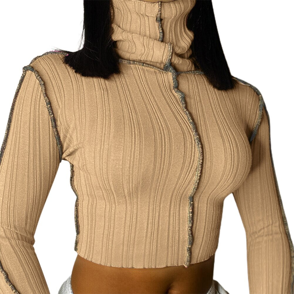 Long Sleeve High Neck Sexy Crop Top - 200000791 Brown / S / United States Find Epic Store