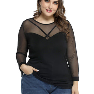 Ladies Black Plus Size Sexy Top Long Sleeve Mesh Tee shirt - 200000791 Find Epic Store