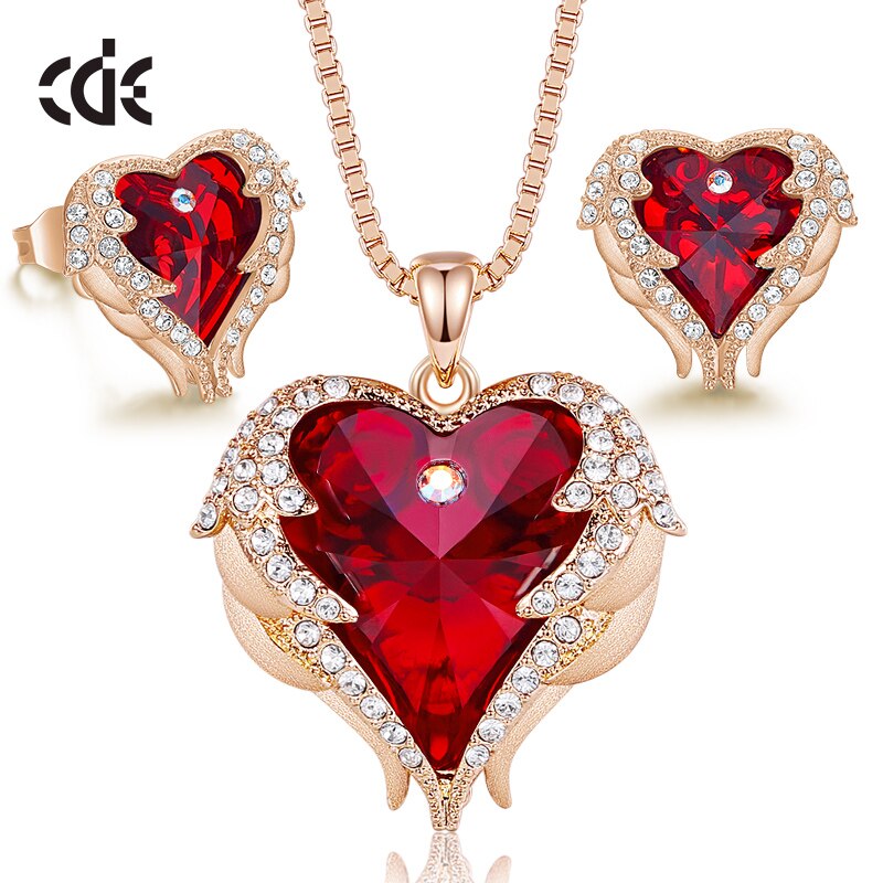Women Jewelry Set Embellished with Crystals Necklace Earrings Set Fashion Heart Angel Wings Accessories Set - 100007324 Red Gold / United States / 40cm Find Epic Store