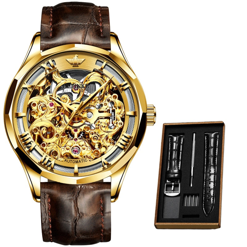 Men Skeleton Genuine Leather Luxury Automatic Wristwatch - 200033142 gold face-brown / United States Find Epic Store
