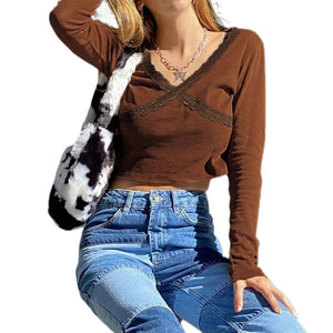 Long Sleeve V-Neck Crop Top - 200000791 Brown / S / United States Find Epic Store