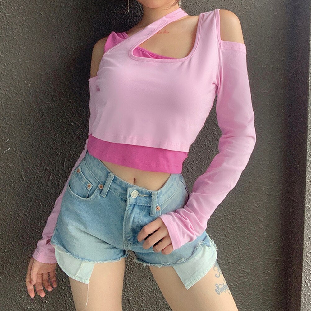 Top Off Shoulder Long Sleeve T-Shirt and One-shoulder Sleeveless Camisole Tops - 200000791 Pink / S / United States Find Epic Store