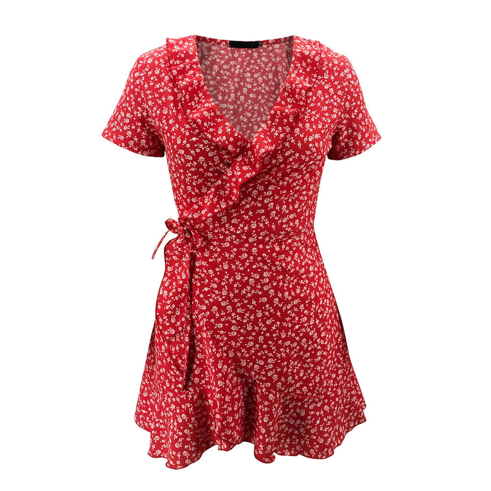 Red Sexy V Neck Floral Print Self Tie Wrap Dress - 200000347 Find Epic Store