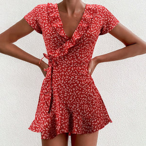 Red Sexy V Neck Floral Print Self Tie Wrap Dress - 200000347 Find Epic Store