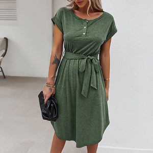 Cotton Buttons Midi Dress with Belt - 200000347 Green / S / United States Find Epic Store