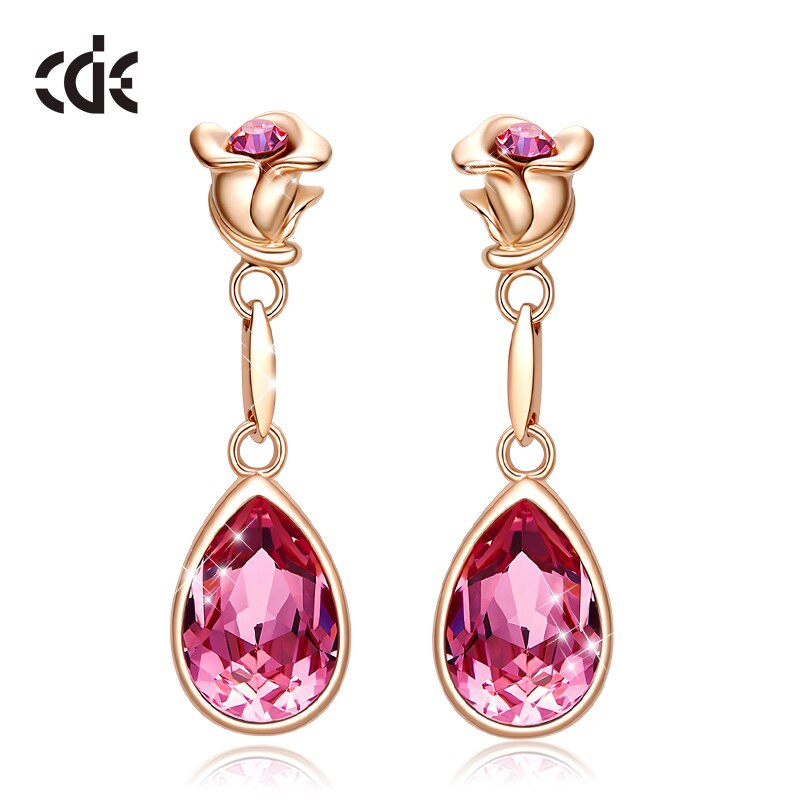 Jewelry Pink Crystals Rose Flower & Teardrop Statement Earrings - 200000168 Pink Gold / United States Find Epic Store