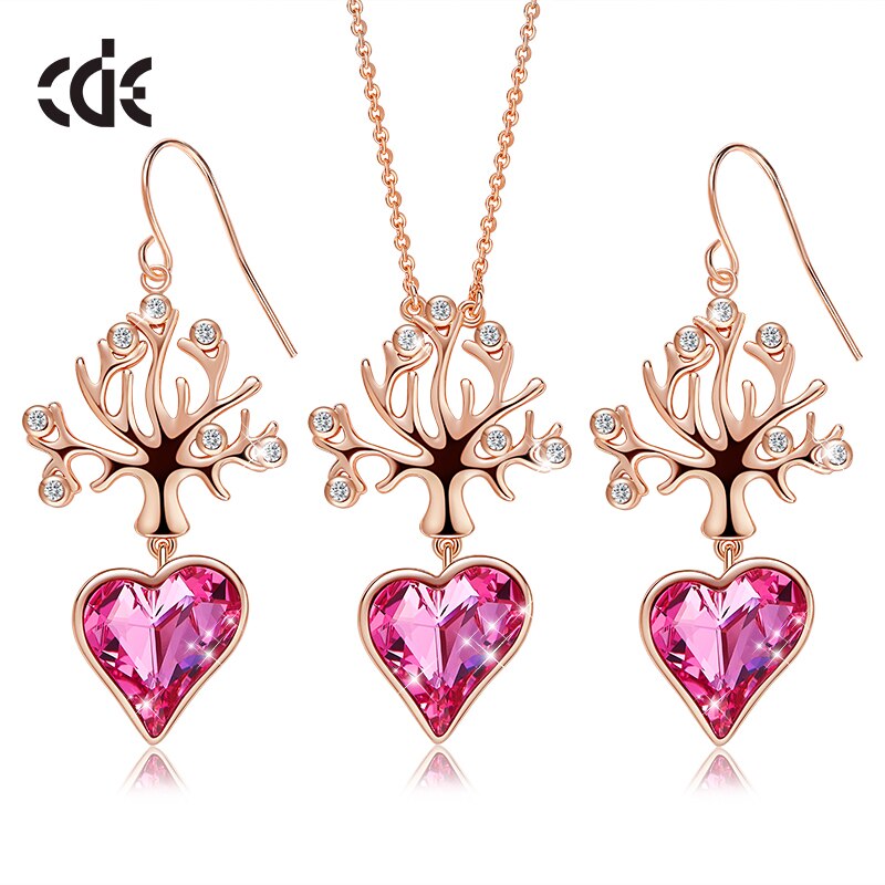 Pink Crystal Heart Tree of Life Pendant And Dangle Earrings Set - 100007324 Gold / United States Find Epic Store