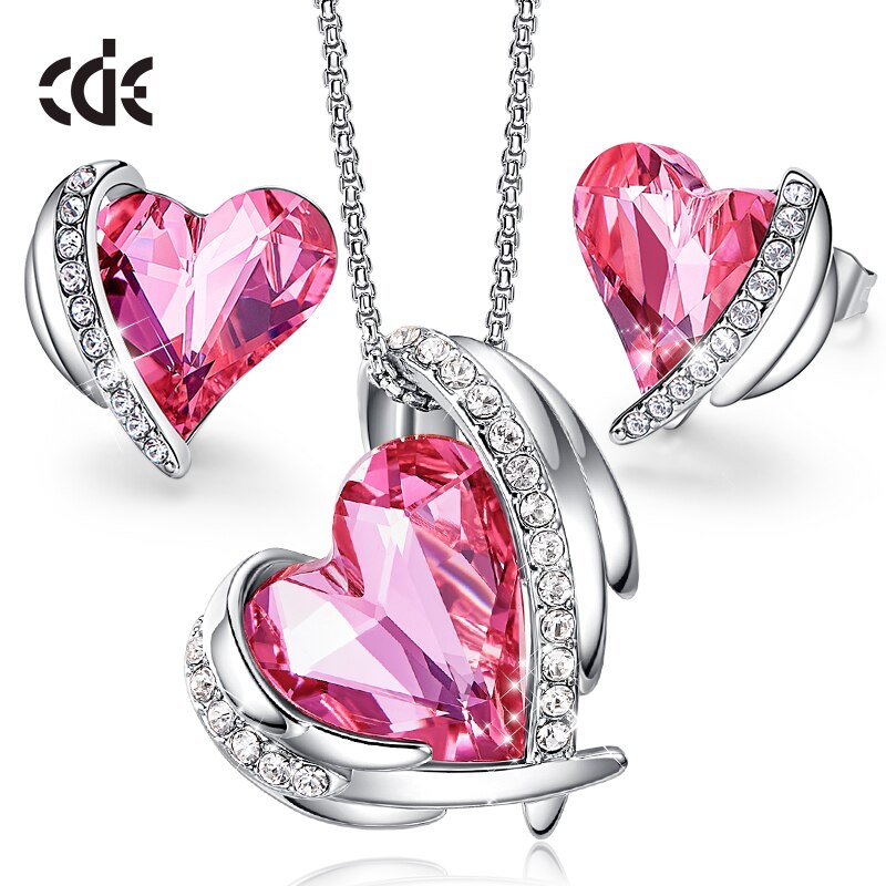 Zircon Angel Wings Necklace Earrings with AB Color Heart Crystals - 100007324 Pink / United States / 40cm Find Epic Store