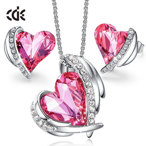 Heart Crystal Jewelry Set Wings Choker Necklace Stud Earrings - 100007324 Pink / United States / 40cm Find Epic Store
