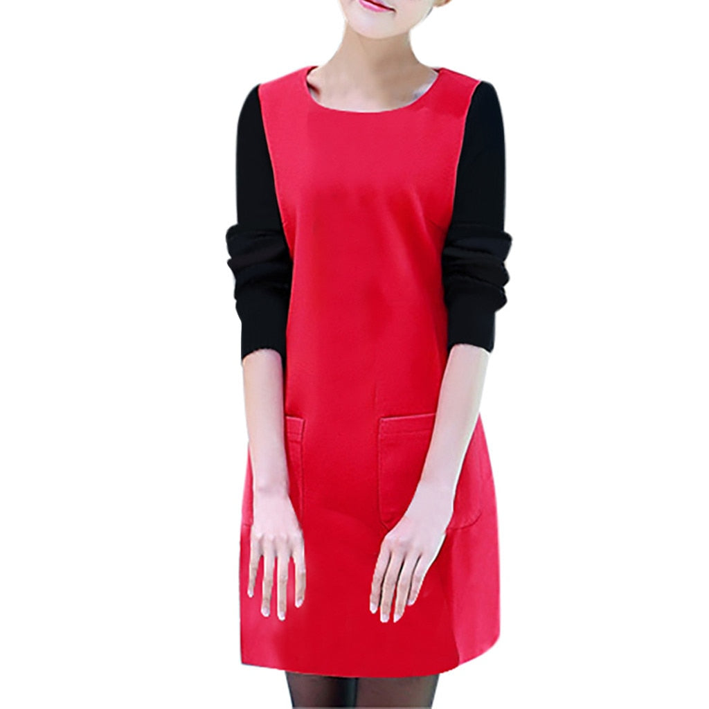 Loose Long Sleeve Splice Pocket O-neck Dress - Red / XXL / United States Find Epic Store
