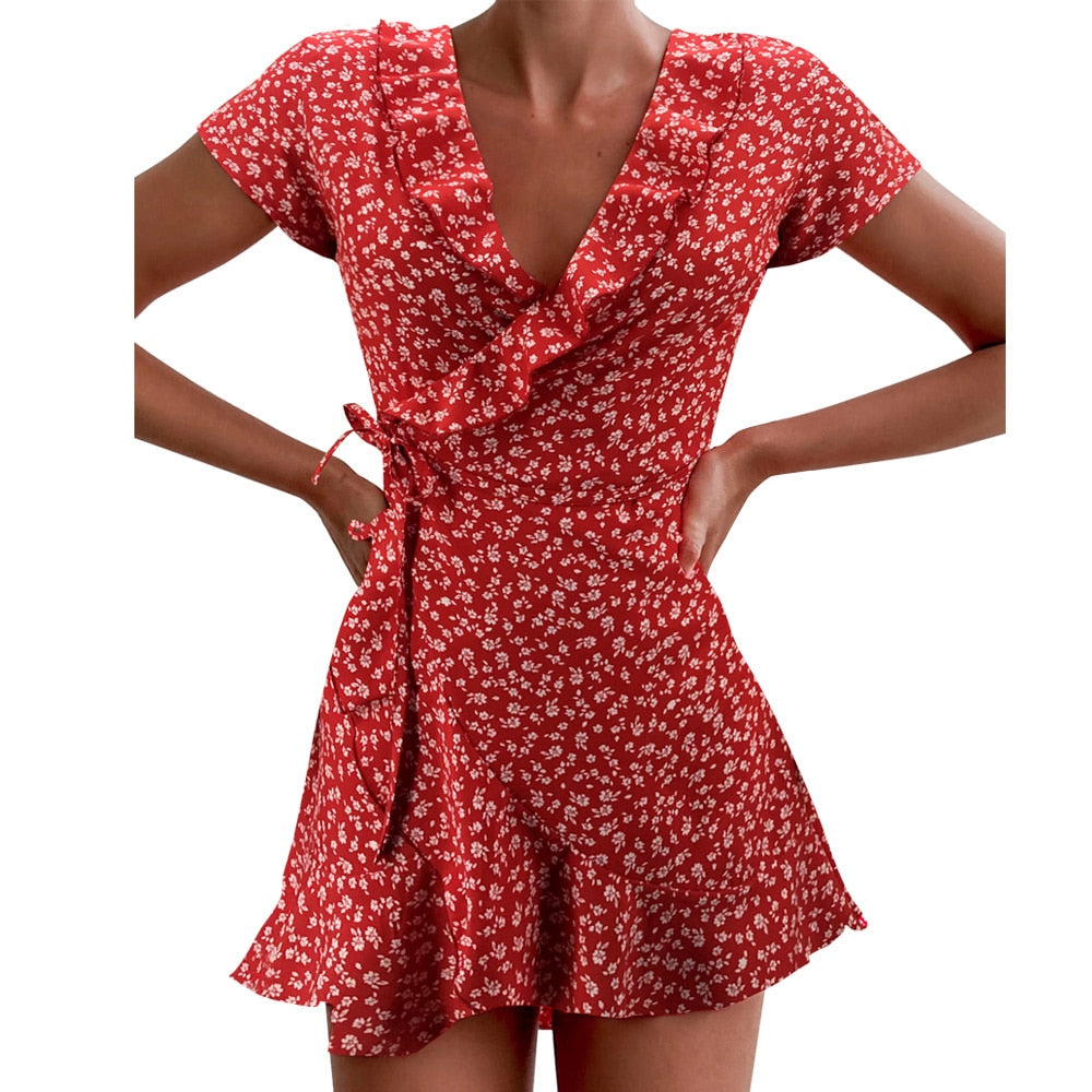 Red Sexy V Neck Floral Print Self Tie Wrap Dress - 200000347 Red / S / United States Find Epic Store