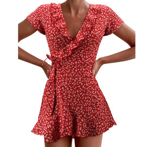 Red Sexy V Neck Floral Print Self Tie Wrap Dress - 200000347 Red / S / United States Find Epic Store