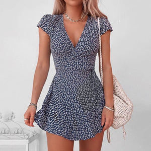 Front Floral Print V Neck Mini Dress - Gray / S / United States Find Epic Store