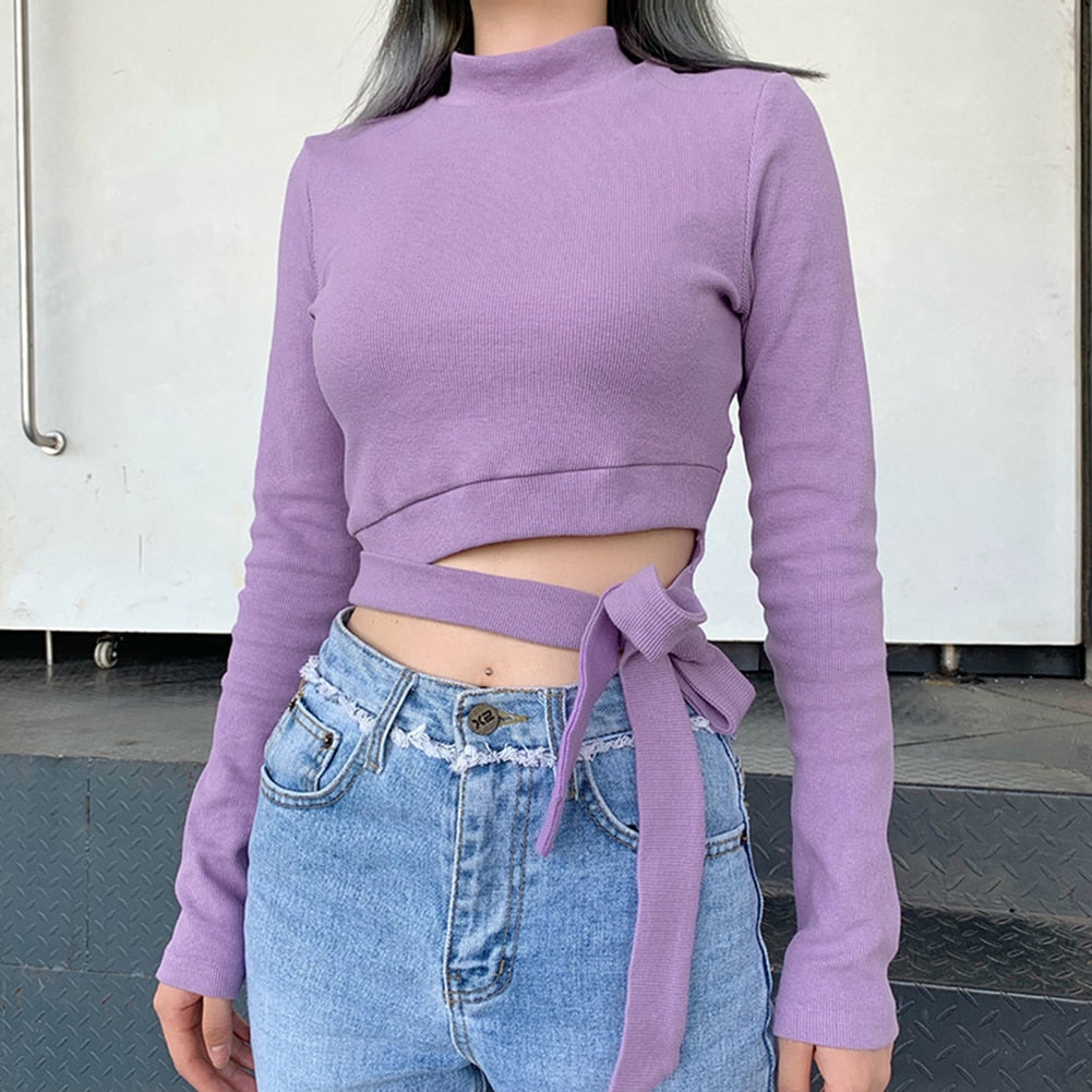 Solid Color Bow Round Neck Skinny Crop Top - 200000791 Find Epic Store