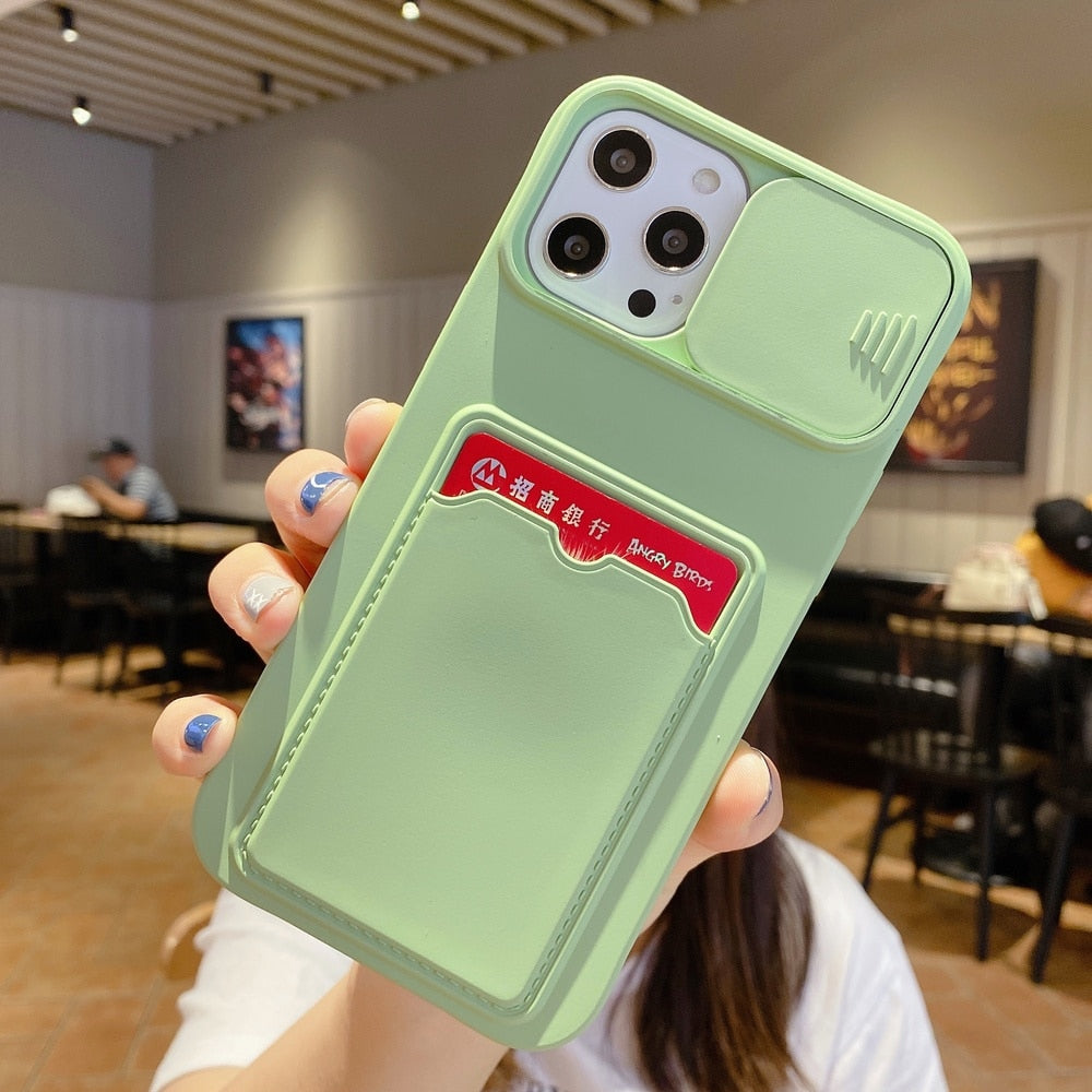 Light Green Color Case - Card Holder Phone Case for iPhone 12 11 Pro Max XS MAX XR X 6 6s 7 8 Plus Liquid Silicone Slide Camera Lens Wallet Card Bag Case - 380230 For iPhone 6 6s Plus / Light Green / United States Find Epic Store