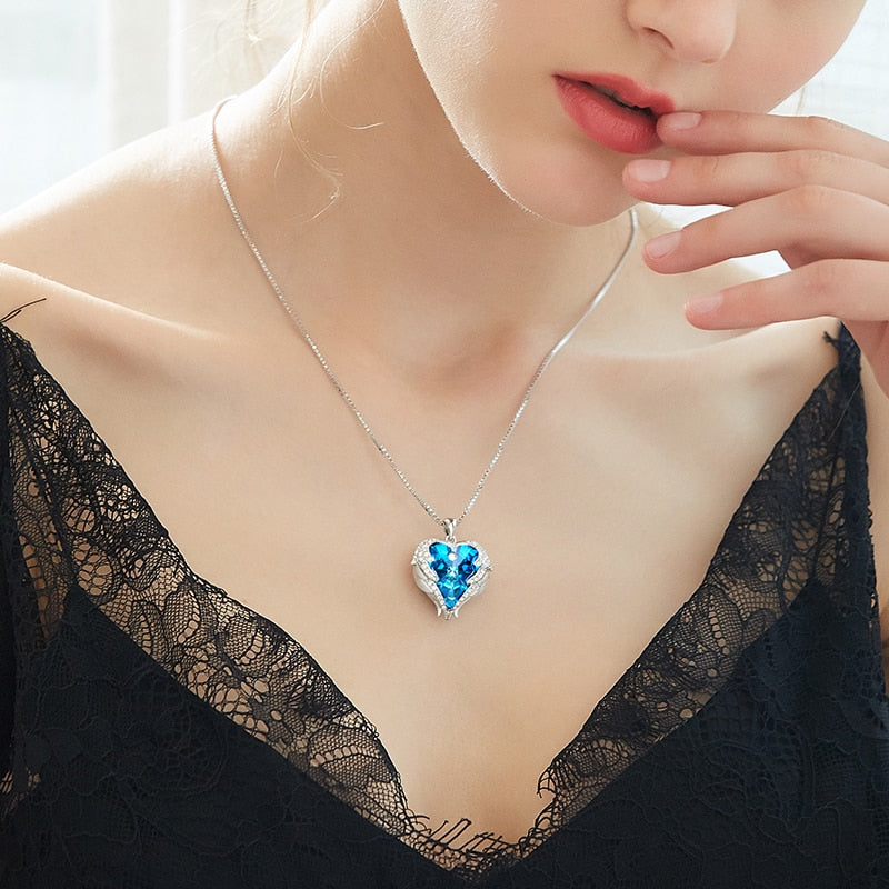 Crystal Necklace New Design Sparkling Heart Blue Stone Pendant Necklace for Women Angel Wing Original Jewelry - 200000162 Find Epic Store