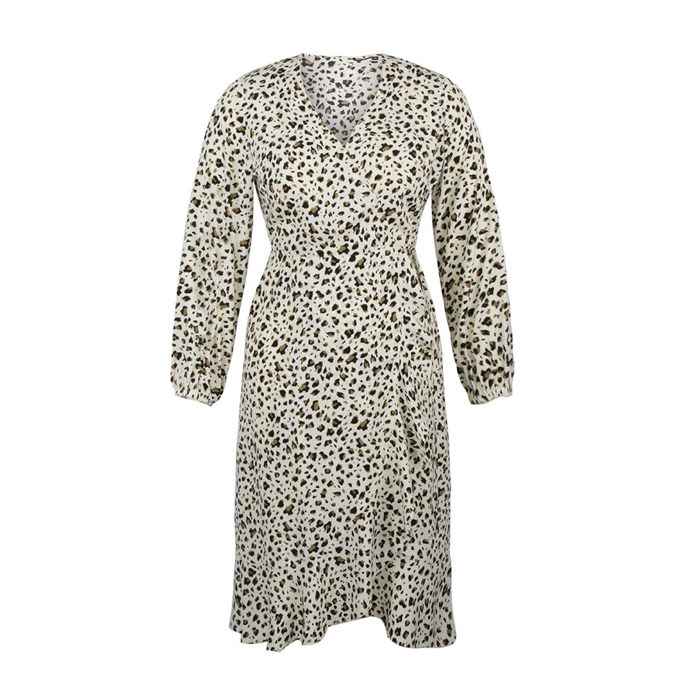 Plus Size Women Leopard Print Long Sleeve V-Neck Dress - 200000347 White / XL / United States Find Epic Store