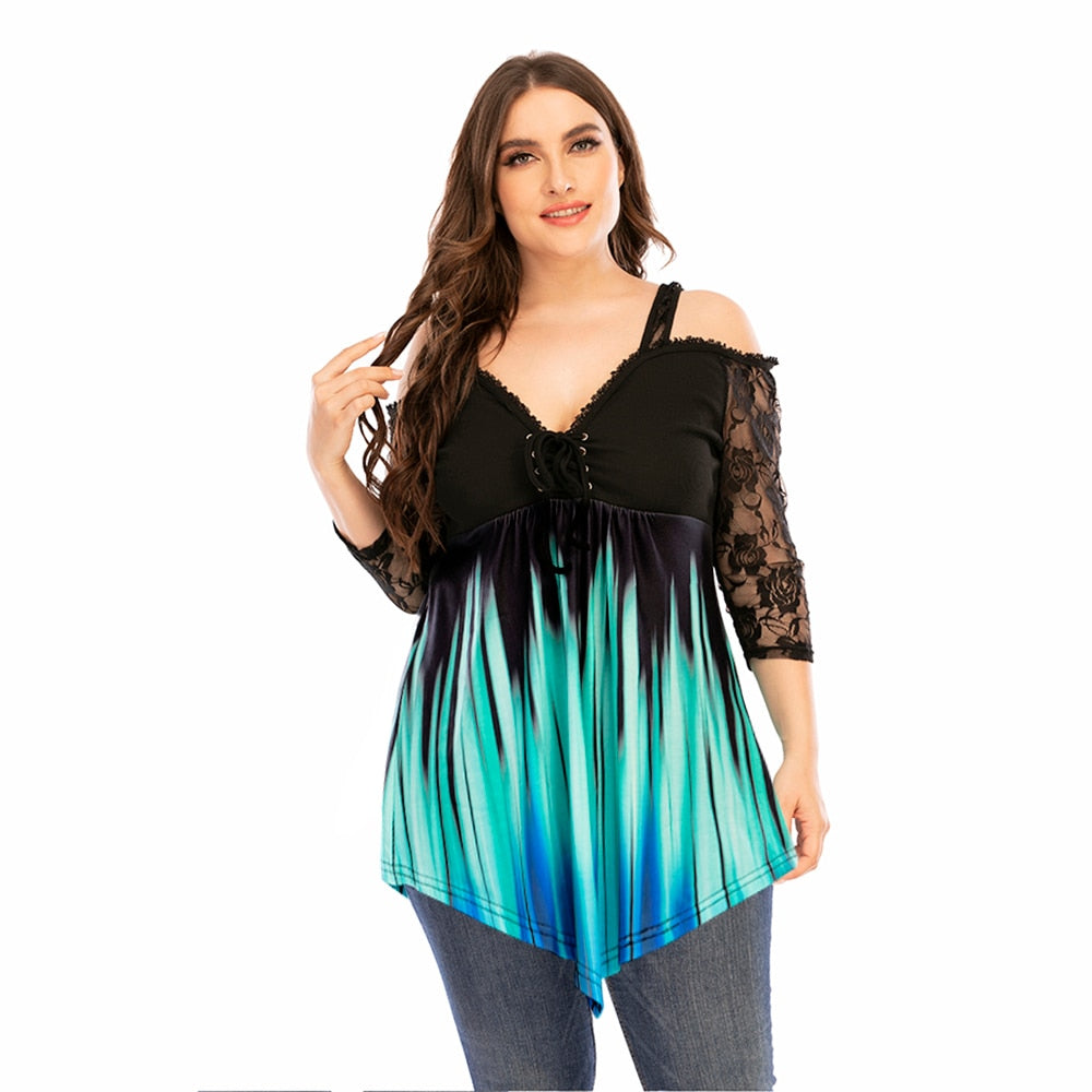 5XL Lace Patchwork Gradient Print Off Shoulder Irregular T-shirt - 200000791 Find Epic Store