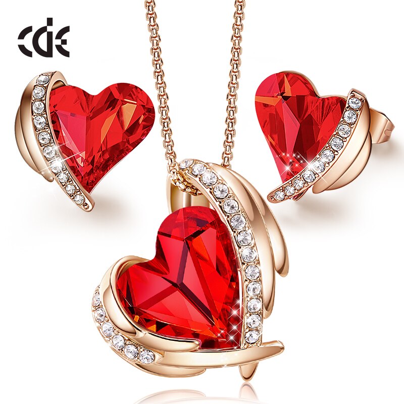 Zircon Angel Wings Necklace Earrings with AB Color Heart Crystals - 100007324 Red Gold / United States / 40cm Find Epic Store