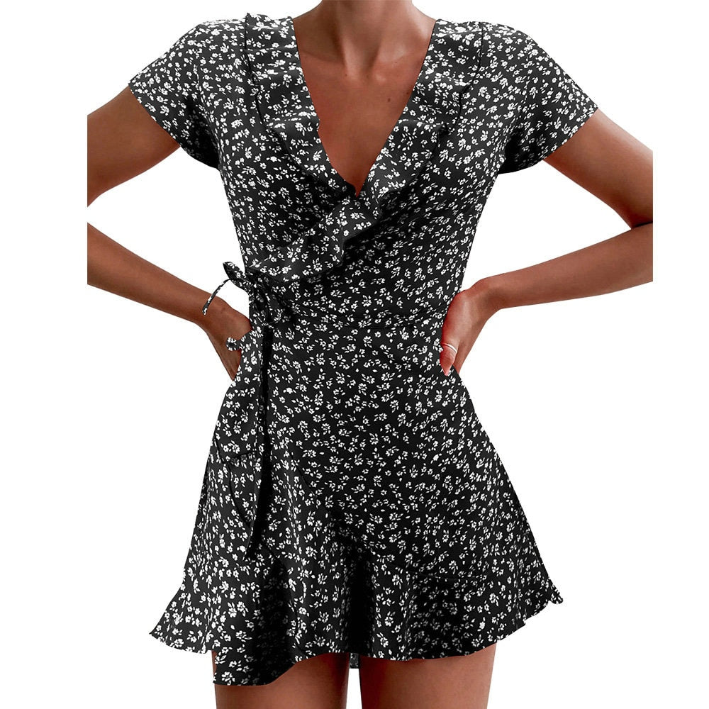 Red Sexy V Neck Floral Print Self Tie Wrap Dress - 200000347 Black / S / United States Find Epic Store