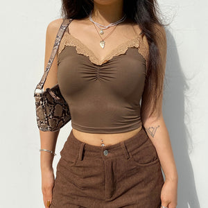 Brown Cyber Y2k Lace Trim Kawaii V Neck Sexy Top - 200000790 Find Epic Store