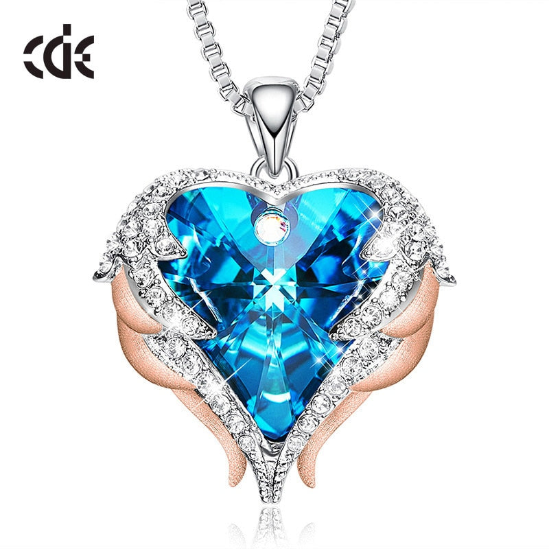 Crystal Necklace New Design Sparkling Heart Blue Stone Pendant Necklace for Women Angel Wing Original Jewelry - 200000162 Blue Gold / United States / 40cm Find Epic Store