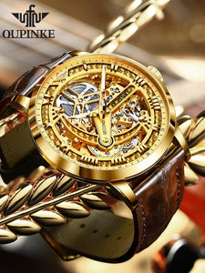OUPINKE Hollow Skeleton Automatic Genuine Leather Top Brand Luxury Wristwatch - 200033142 gold face / United States Find Epic Store