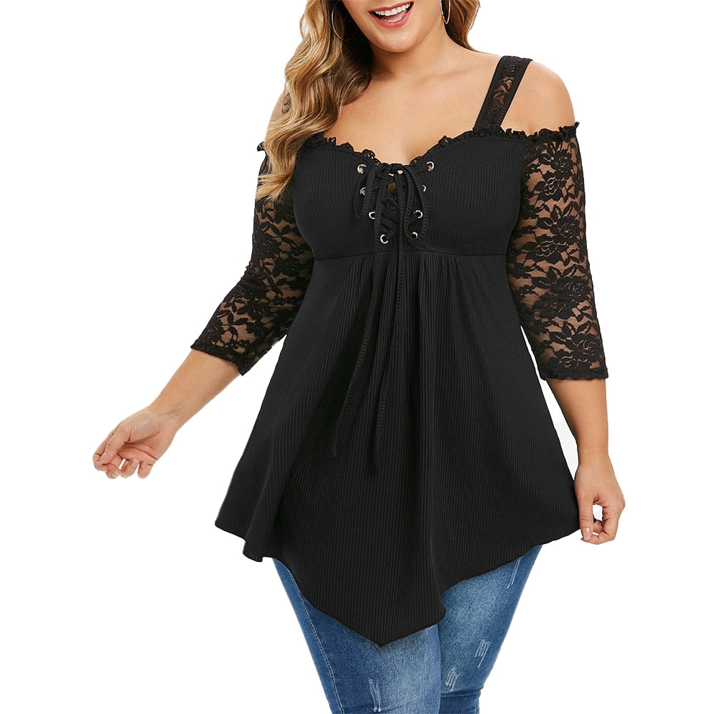 6XL Plus Size Off Shoulder Lace Long Sleeve Black Blouse - 200000346 Find Epic Store