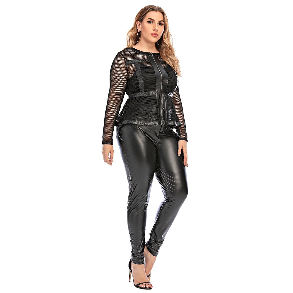 3 Piece Set Long Sleeve Mesh Top PU Leather Pants Outfit - 201530602 Find Epic Store