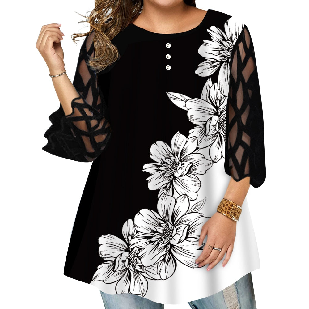 6XL Plus Size Vintage Floral Printed Mesh Patchwork Loose Tee Shirt - 200000791 Find Epic Store