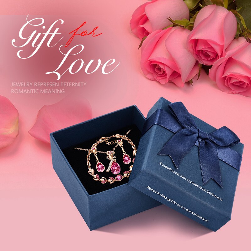 Women Gold Jewelry Set Embellished with Blue Crystal Rose Necklace Earrings Bracelet - 100007324 Pink in box / United States / 40cm Find Epic Store