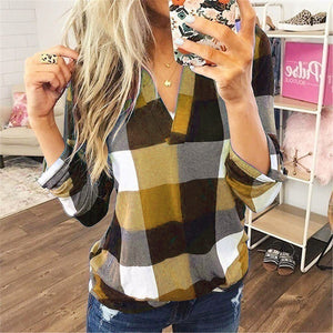 Roll Up Long Sleeve V Neck Plaid Shirt - 200000791 Find Epic Store