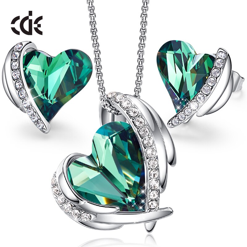 Zircon Angel Wings Necklace Earrings with AB Color Heart Crystals - 100007324 Green / United States / 40cm Find Epic Store