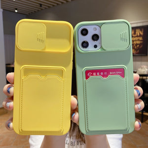 Light Green Color Case - Card Holder Phone Case for iPhone 12 11 Pro Max XS MAX XR X 6 6s 7 8 Plus Liquid Silicone Slide Camera Lens Wallet Card Bag Case - 380230 Find Epic Store