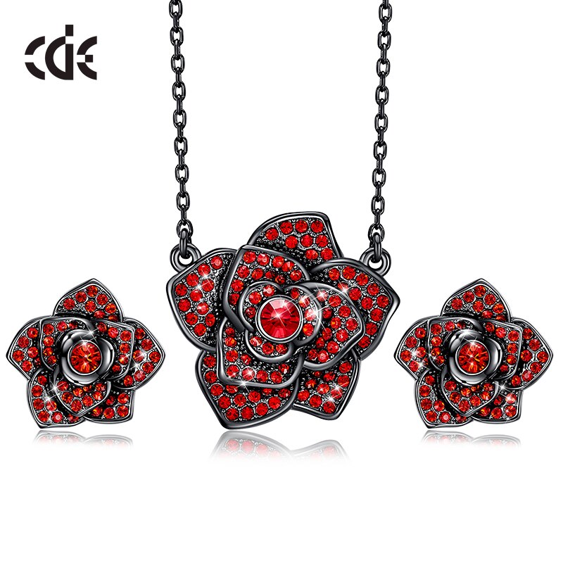 Elegant Fashion Micro Pave AAA Red Austrian Crystal Rose Flower Necklace Earrings Floral Jewelry Set - 100007324 Black / United States / 40cm Find Epic Store