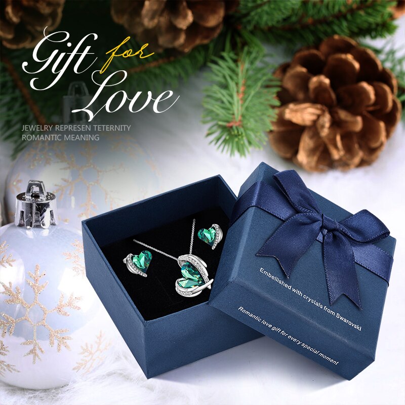 Zircon Angel Wings Necklace Earrings with AB Color Heart Crystals - 100007324 Green in box / United States / 40cm Find Epic Store