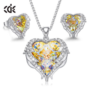 Crystals Heart Jewelry Set for Women Wedding Party Accessories Angel Wings Necklace Earrings Set Wift Gift - 100007324 AB Color / United States / 40cm Find Epic Store