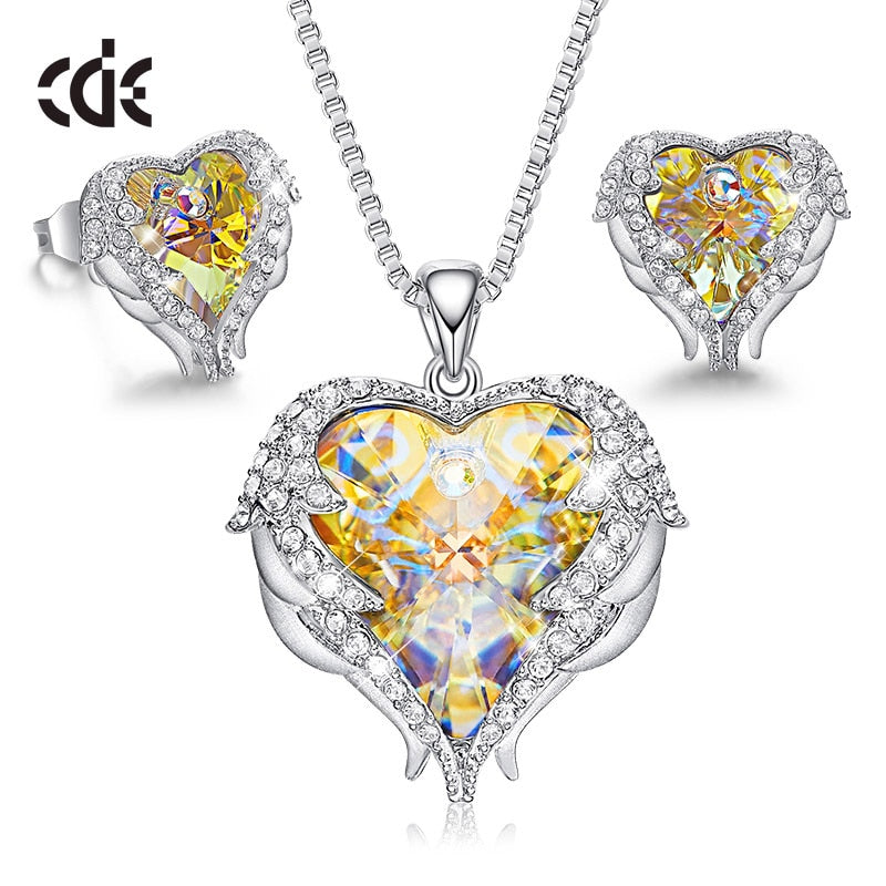 Women Jewelry Set Embellished with Crystals Necklace Earrings Set Fashion Heart Angel Wings Accessories Set - 100007324 AB Color / United States / 40cm Find Epic Store