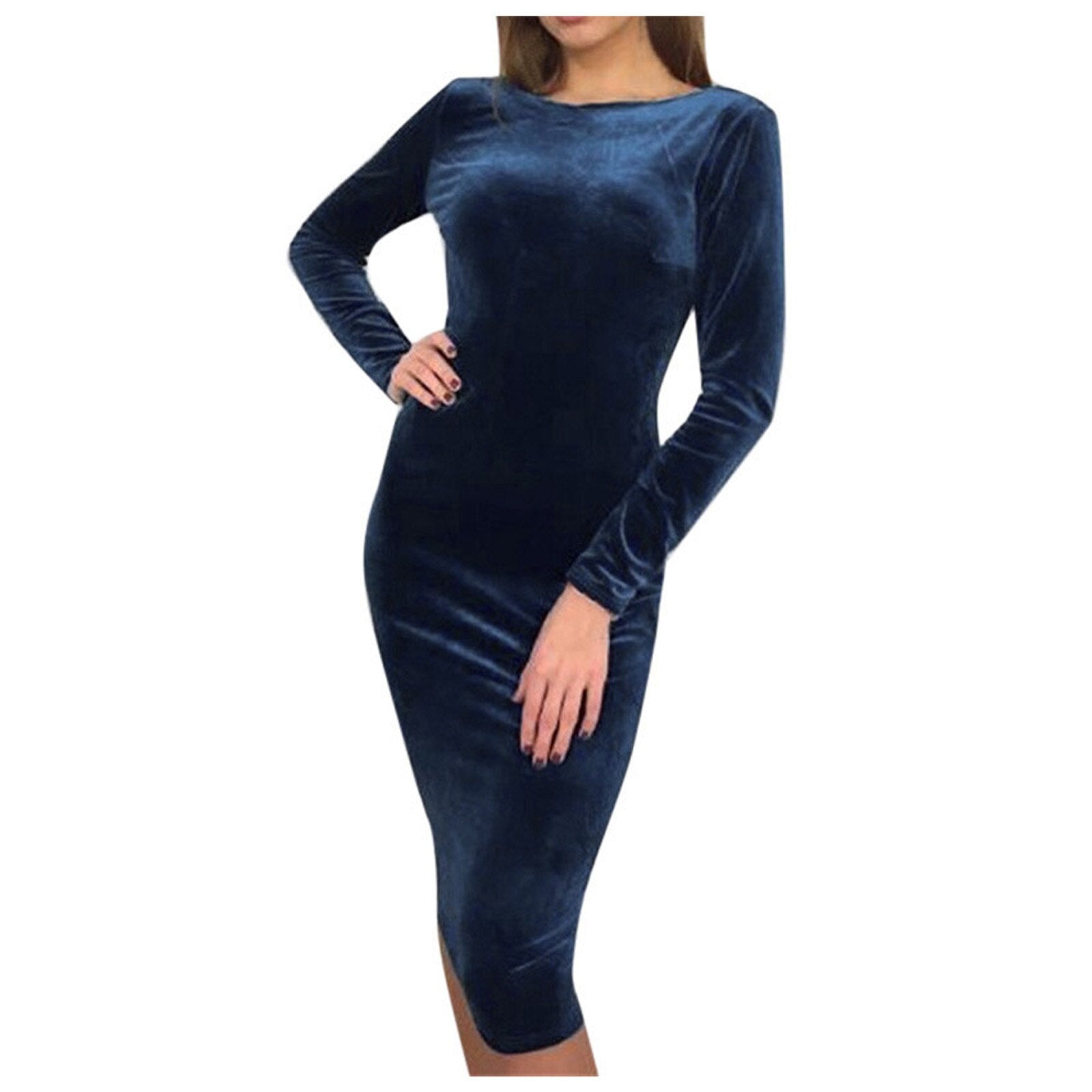 Women O-neck Velvet Long-sleeve Dress - 200000347 Find Epic Store