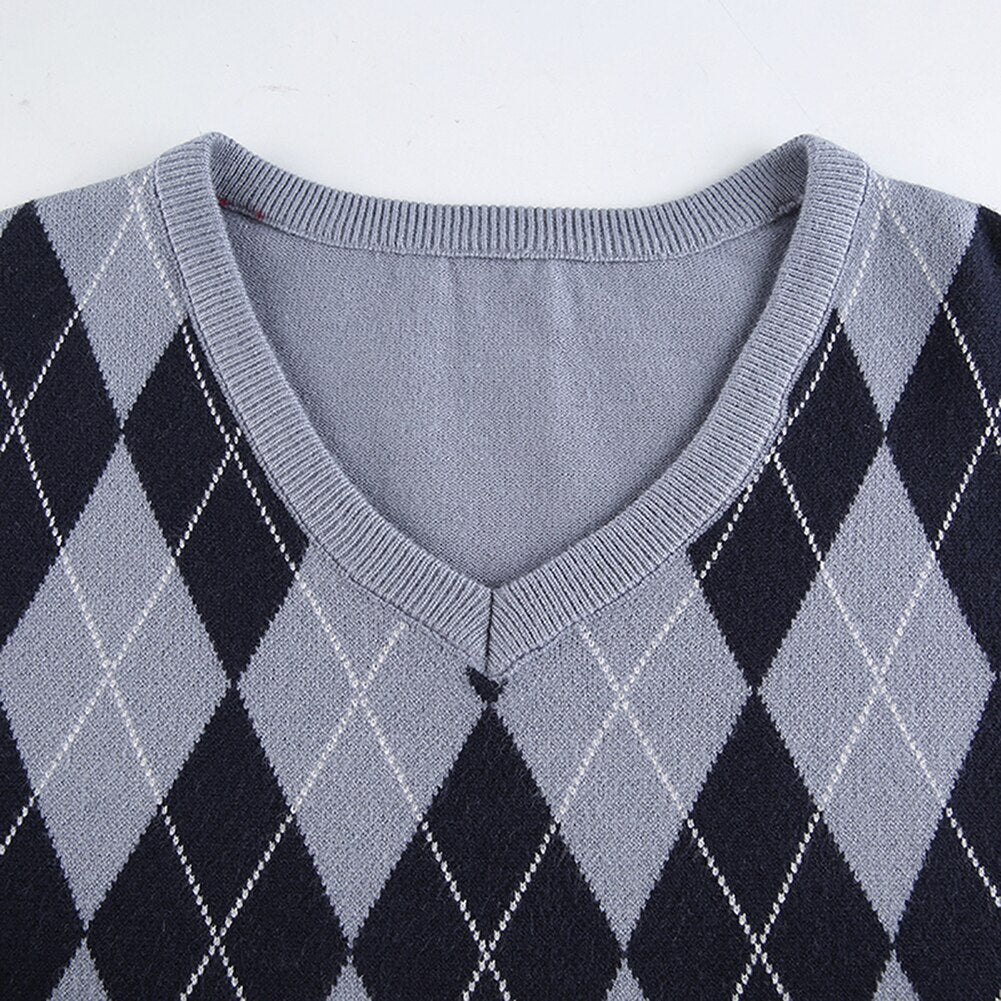 Argyle Long Sleeve Ribbed Knitted Sweater - 201240203 Find Epic Store