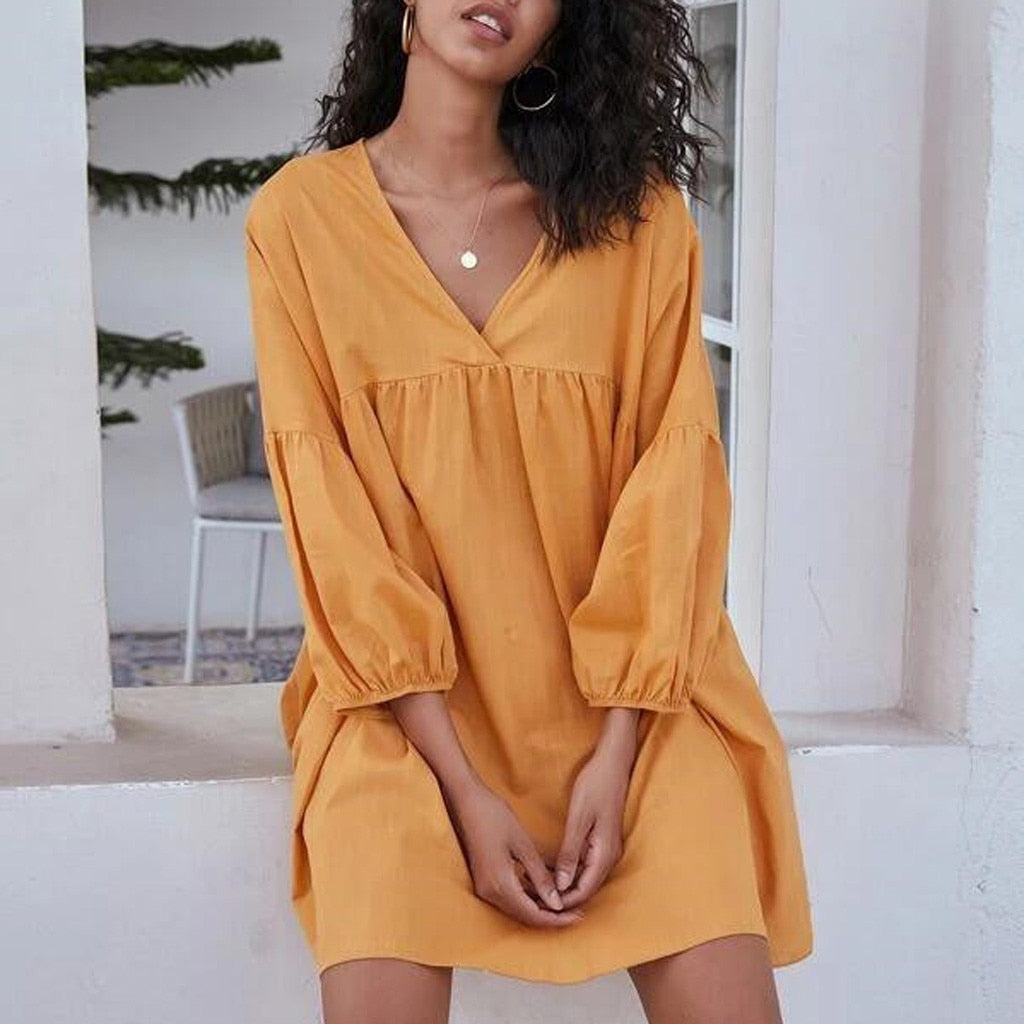 Casual Loose Quarter Sleeve V-Neck Sun Dress - Find Epic Store