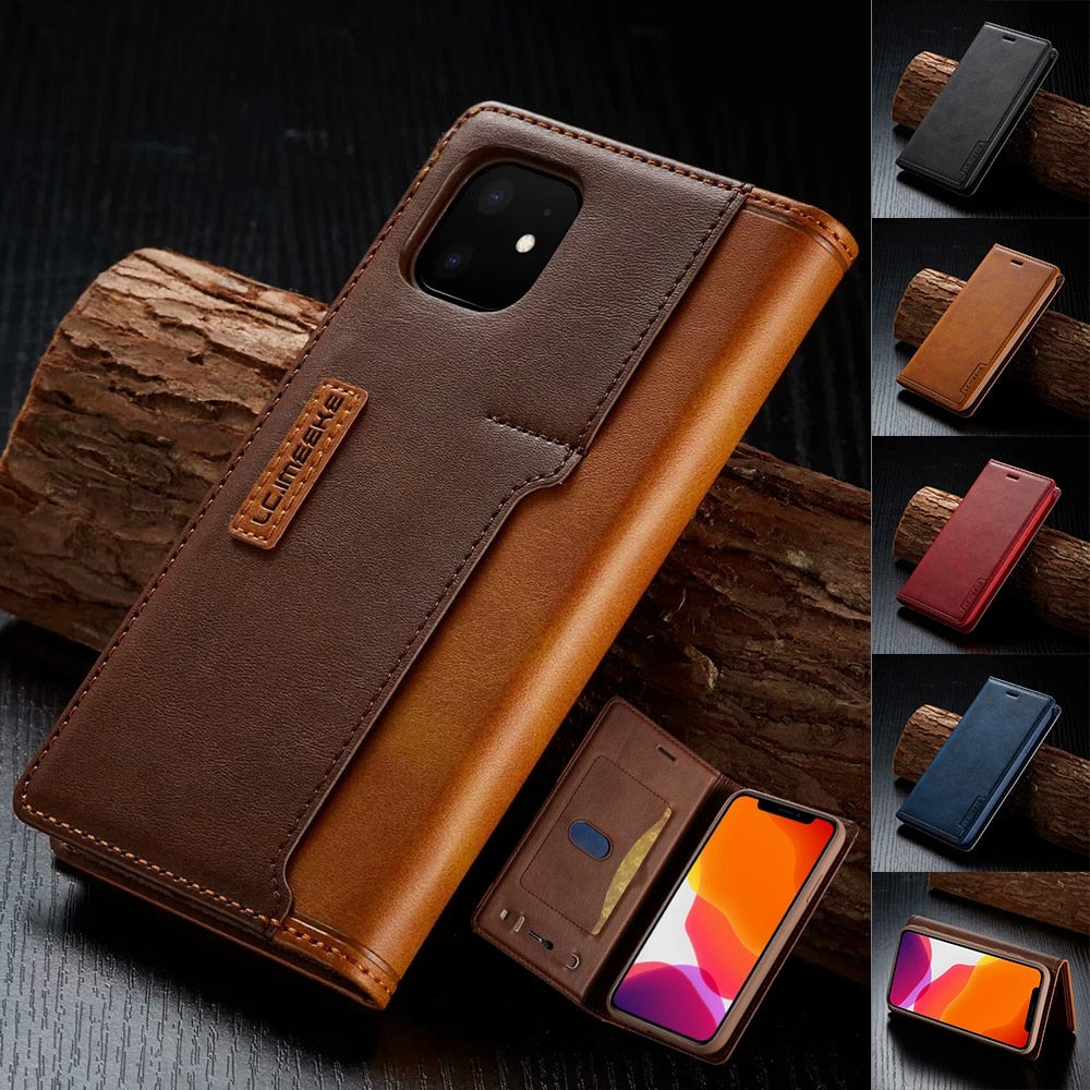 Leather Flip Cover For iPhone 11 12 Pro Max XS Max X XR 8 Plus 7 Plus 6 6s Plus Contrast Color Magnetic Holster sim card slot - 380230 Find Epic Store
