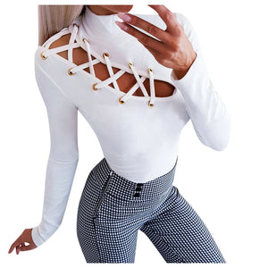 Sexy Lace-Up Eyelet Hollow Out Turtleneck Long Sleeve T-Shirt - 200000791 White / S / United States Find Epic Store