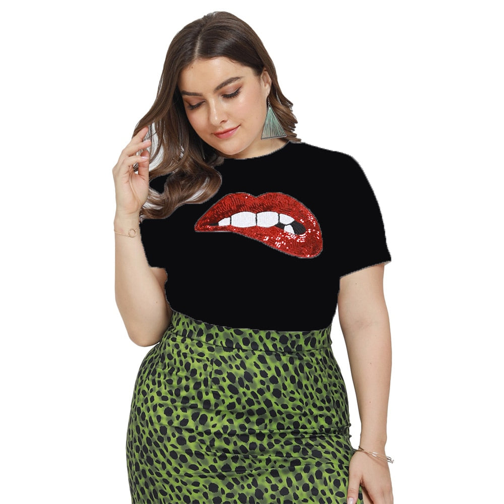 Plus Size Red Lip Print T-Shirt - 200000791 Find Epic Store